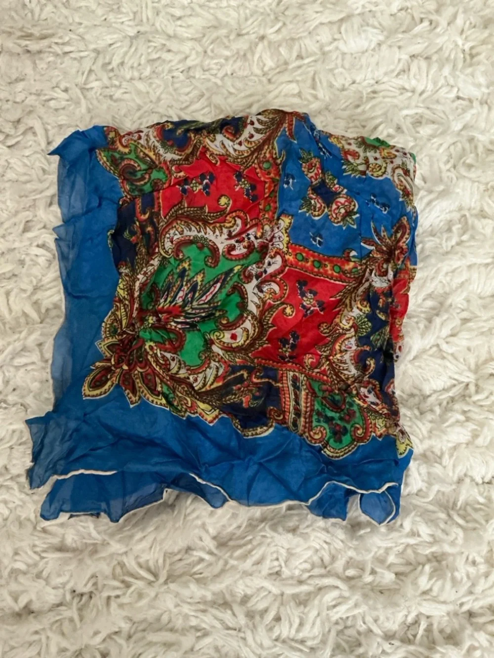 VINTAGE Bright Blue Red Multicolored Print Scarf